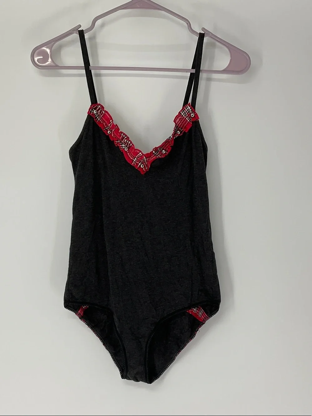 Victoria’s Secret Jingle Bell Teddy Bodysuit S Charcoal Red Plaid Ruffle Holiday